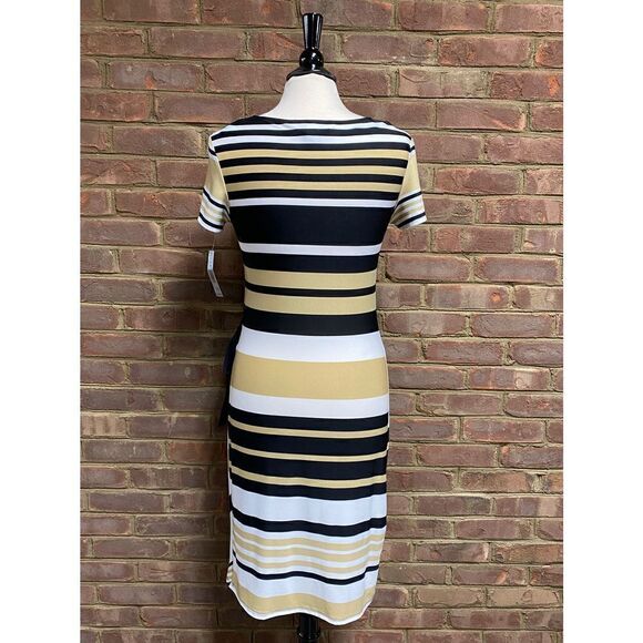 AA Studio AA Tan & Black Stripe Faux Wrap Short Sleeve Dress Size 10 NWT - Picture 5 of 7